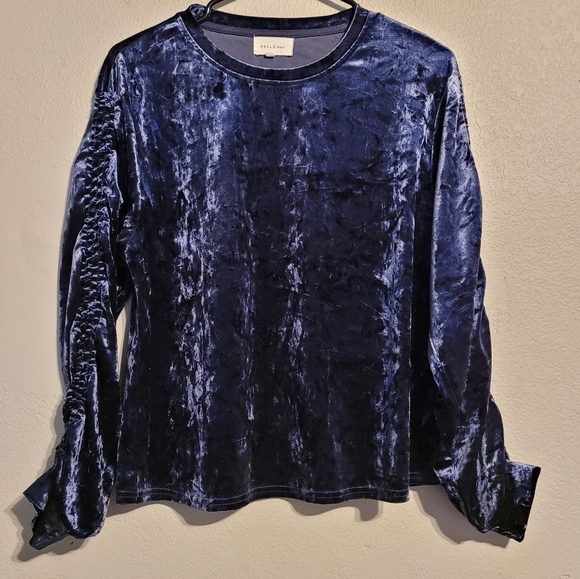 Mello Day Tops - Mello Day Crushed Velvet Blue Ruched Sleeve Top